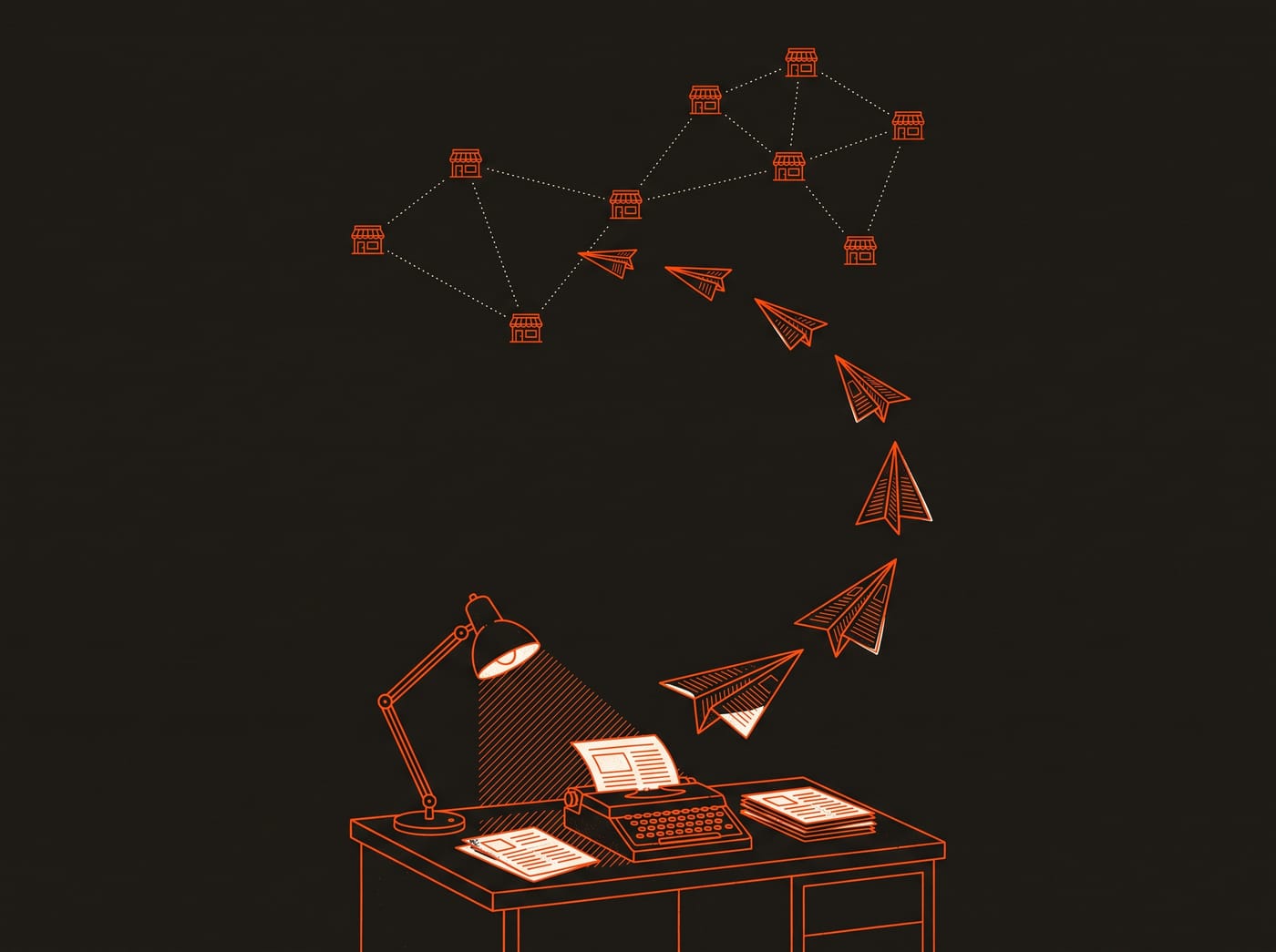 Night-shift illustration: a typewriter desk sending paper planes to a constellation of websites